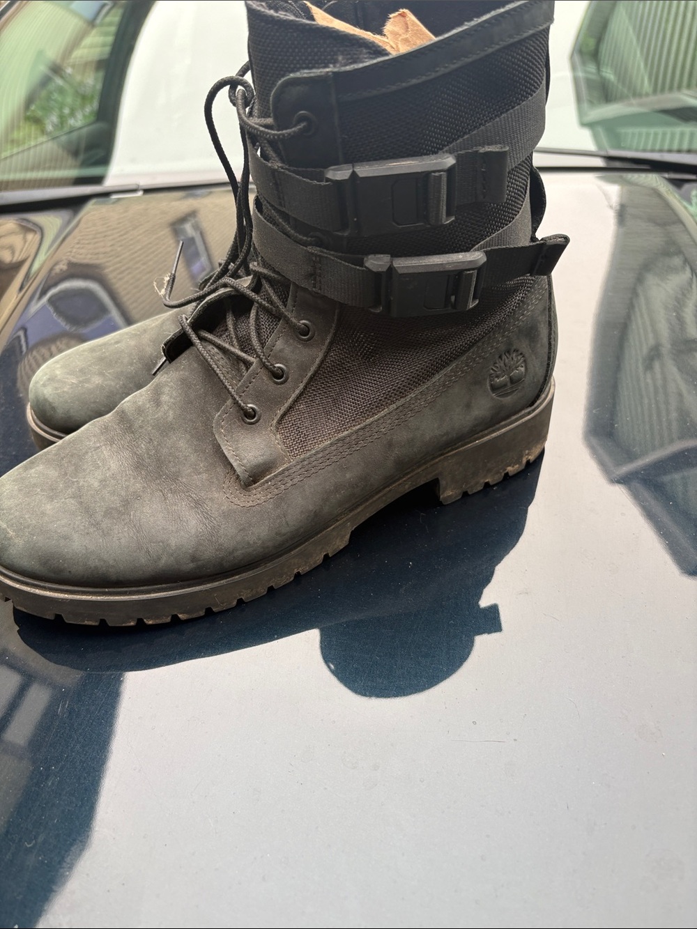 Timberland women’s Dark Gray Tactical Buckle Lace-Up Boots
